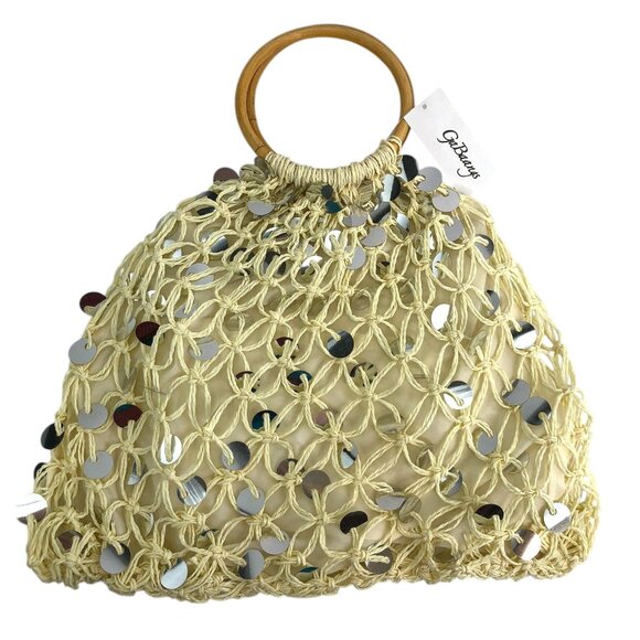 Vintage Style GaBaangs Handbag Beige Woven Macramé Sequin Details Bamboo Handles - Picture 1 of 8